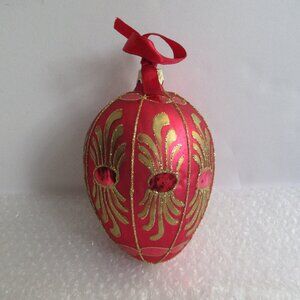 Christmas Ornament Mouth Blown Glass Egg Red & Gold w/ Glitter Made in Poland 5"
